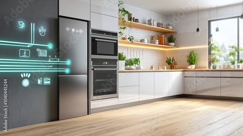 A kitchen with a refrigerator and oven that has a blue screen with icons on it