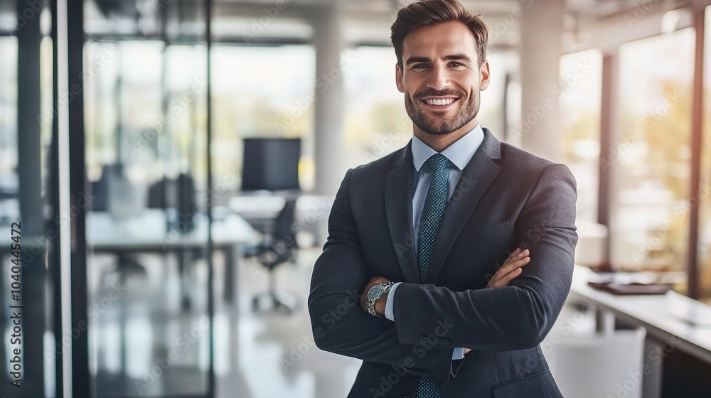 Smiling Businessman in Modern Office Setting Smiling Businessman in Modern Office Setting