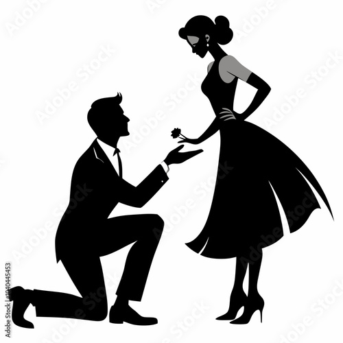 Romantic Silhouette of a Proposal with Ring - Love and Commitment. Vector illustration a man on his knees, makes a proposal to marry the woman