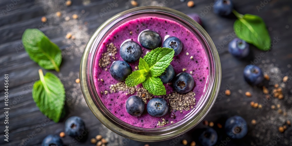 Top View of Blueberry Smoothie in Glass Jar, Purple Smoothie, Fresh Blueberries, Mint Leaves, Black Background, Smoothie Recipe, Healthy Drink Top View of Blueberry Smoothie in Glass Jar, Purple Smoothie, Fresh Blueberries, Mint Leaves, Black Background, Smoothie Recipe, Healthy Drink