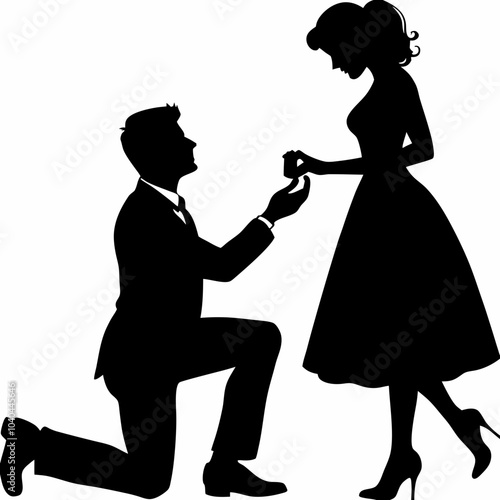 Romantic Silhouette of a Proposal with Ring - Love and Commitment. Vector illustration a man on his knees, makes a proposal to marry the woman