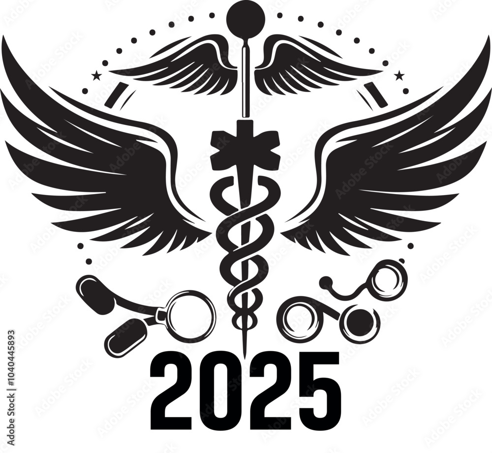 Happy New Year 2025 Medical Logo with Wings Silhouette Vector Design. Happy New Year 2025 Medical Logo with Wings Silhouette Vector Design.