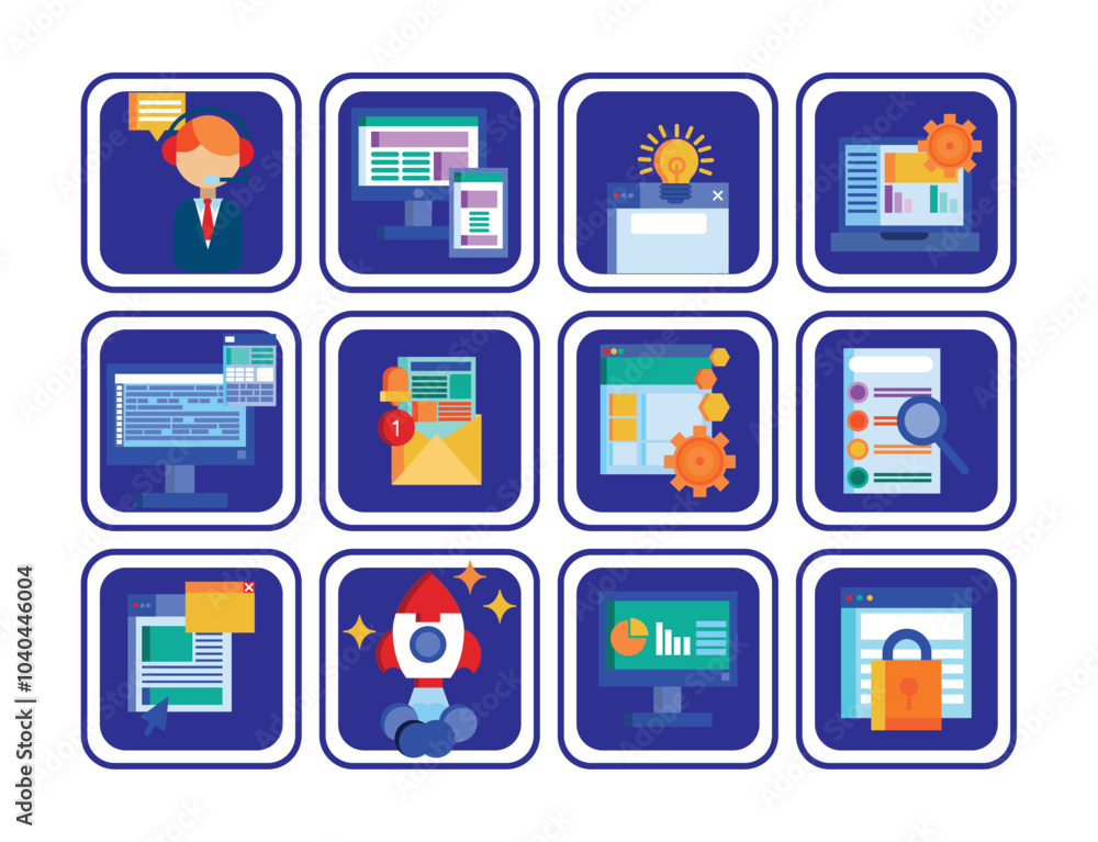 Vector image of SEO icon set with purple background Vector image of SEO icon set with purple background