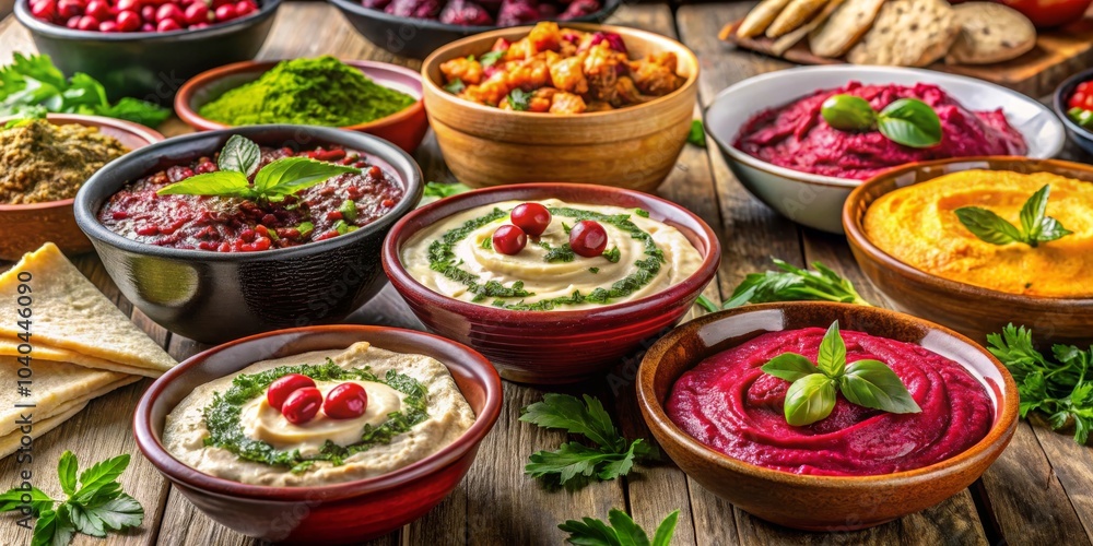 Various Dips and Spreads with Cranberry Garnish on Rustic Wooden Table, Dips, Spreads, Appetizer Various Dips and Spreads with Cranberry Garnish on Rustic Wooden Table, Dips, Spreads, Appetizer