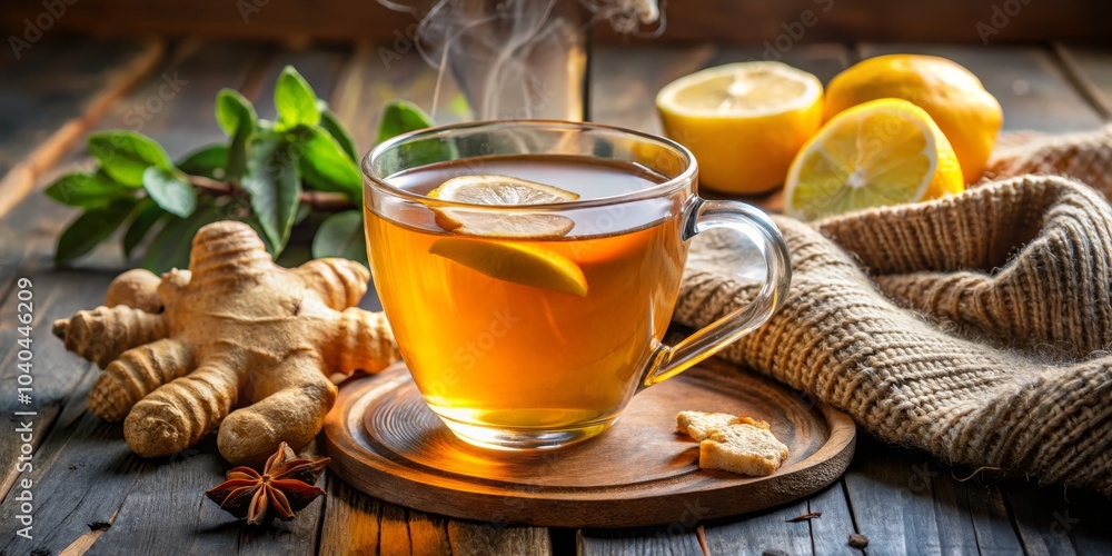 Warm Ginger Lemon Tea with Steam on Rustic Wooden Background, Tea, Lemon, Ginger Warm Ginger Lemon Tea with Steam on Rustic Wooden Background, Tea, Lemon, Ginger