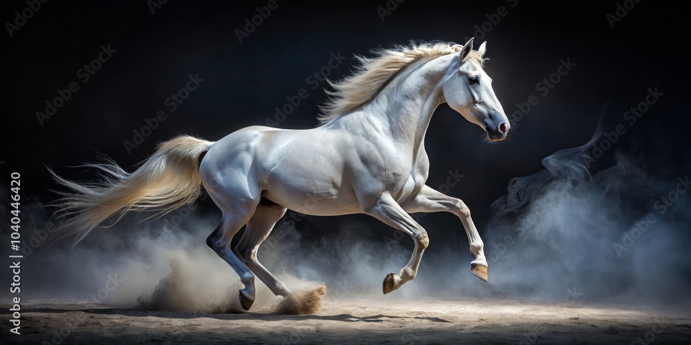 White Horse Galloping Through Smoke, Low Angle, Dust, Dramatic Lighting, Horse, Smoke, Gallop