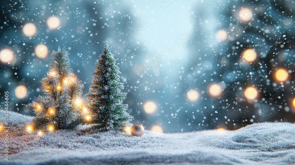 Cozy Christmas decoration with mini Christmas tree and lights on snowy background Cozy Christmas decoration with mini Christmas tree and lights on snowy background