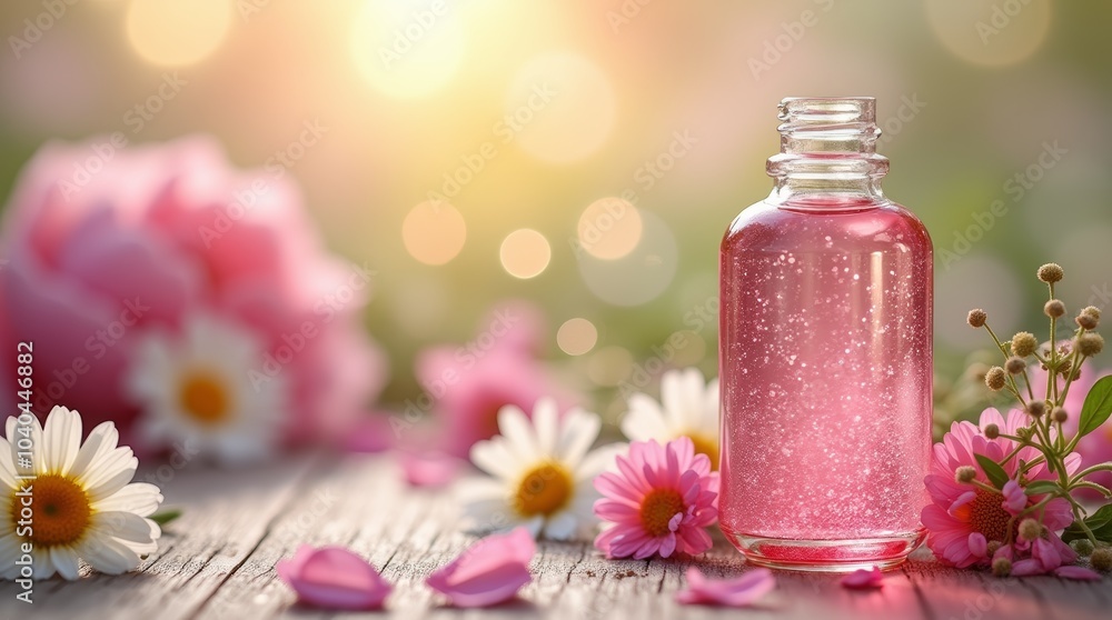 Pink floral oil bottle with daisies and petals, nature background. Pink floral oil bottle with daisies and petals, nature background.