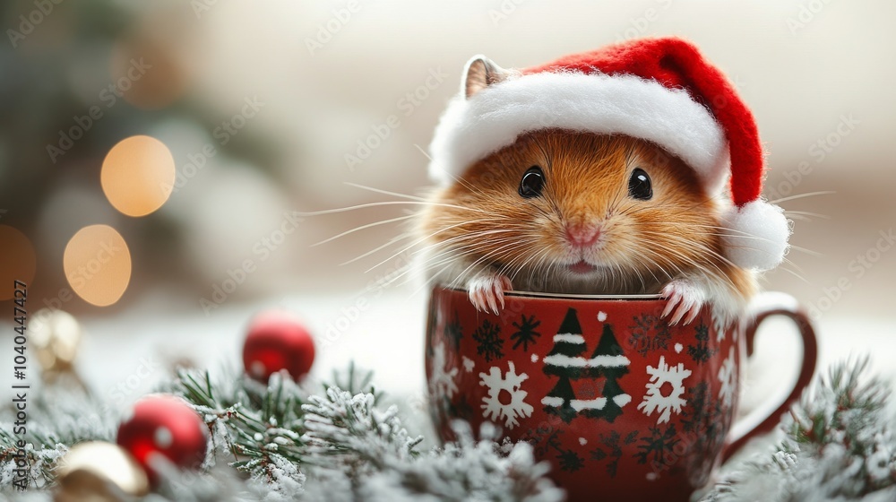 A festive hamster wearing a Santa hat sits cheerfully in a holiday-themed mug among decorations A festive hamster wearing a Santa hat sits cheerfully in a holiday-themed mug among decorations