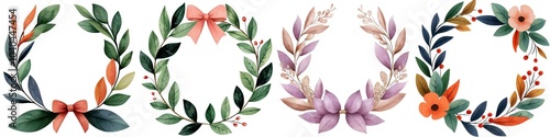 Collection of floral wreaths with beautiful designs, isolated on a white background.