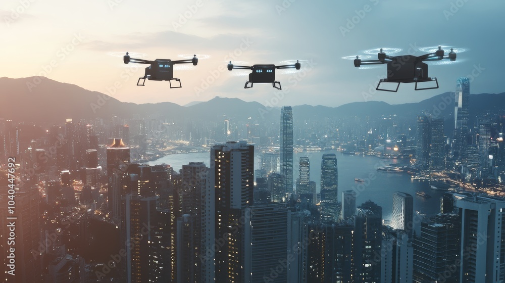Robotic delivery drones in an urban logistics network, cityscape with delivery drones and recipients, High-tech style Robotic delivery drones in an urban logistics network, cityscape with delivery drones and recipients, High-tech style