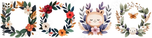 Colorful floral wreaths with a cute bear illustration, white isolate background.