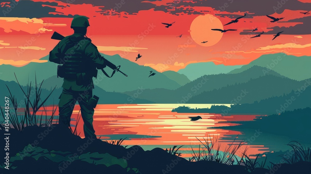 A soldier standing on a mountain with a rifle. Suitable for military or adventure themes A soldier standing on a mountain with a rifle. Suitable for military or adventure themes