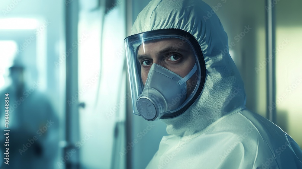 A close-up of a masked professional in protective gear, conveying safety and vigilance in a clinical environment. A close-up of a masked professional in protective gear, conveying safety and vigilance in a clinical environment.