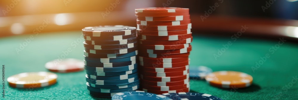 Stacks of vibrant casino chips rise dramatically on a felt table, brightening the atmosphere of a lively evening game. Generative AI Stacks of vibrant casino chips rise dramatically on a felt table, brightening the atmosphere of a lively evening game. Generative AI