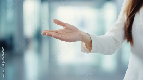Free Download A close-up of a woman's hand extending outward, symbolizing greeting or invitation in a professional setting. - GFXLoad