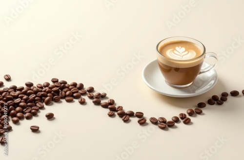 Glass Cappuccino Cup on Light Background with Coffee Bean Trail