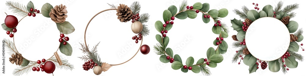 Fototapeta premium Four beautiful decorative wreaths with pinecones and berries, white isolate background.