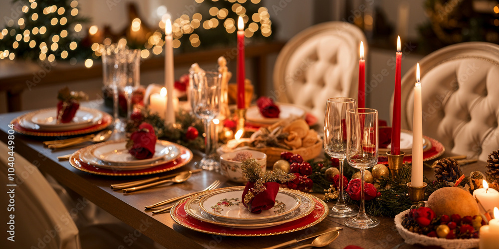 Charming Christmas Table Setting with Candles, Flowers, and a Warm Holiday Ambiance Charming Christmas Table Setting with Candles, Flowers, and a Warm Holiday Ambiance