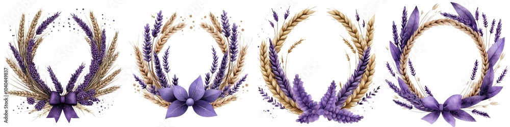 Four beautiful wreaths featuring lavender and wheat, white isolate background. Four beautiful wreaths featuring lavender and wheat, white isolate background.