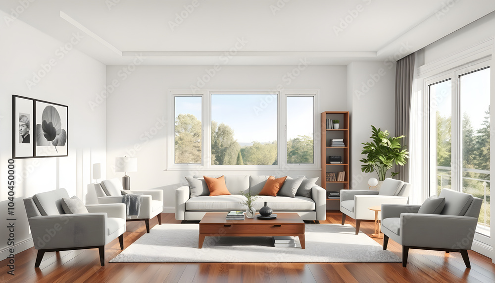 Home living room interior with sofa and armchairs, shelf and panoramic window isolated with white highlights, png Home living room interior with sofa and armchairs, shelf and panoramic window isolated with white highlights, png