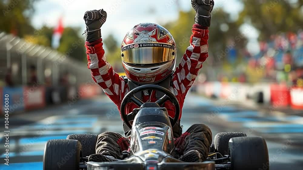 A young karting champion celebrates his victory at a weekend racing event, showing his joy and passion for motorsport