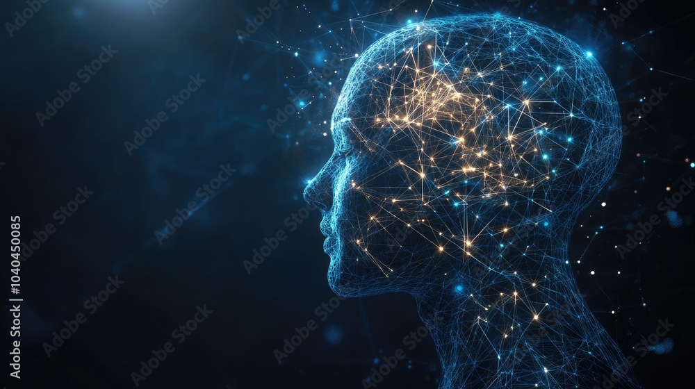 Abstract Human Head Profile with Neural Connections on Blue Background Abstract Human Head Profile with Neural Connections on Blue Background