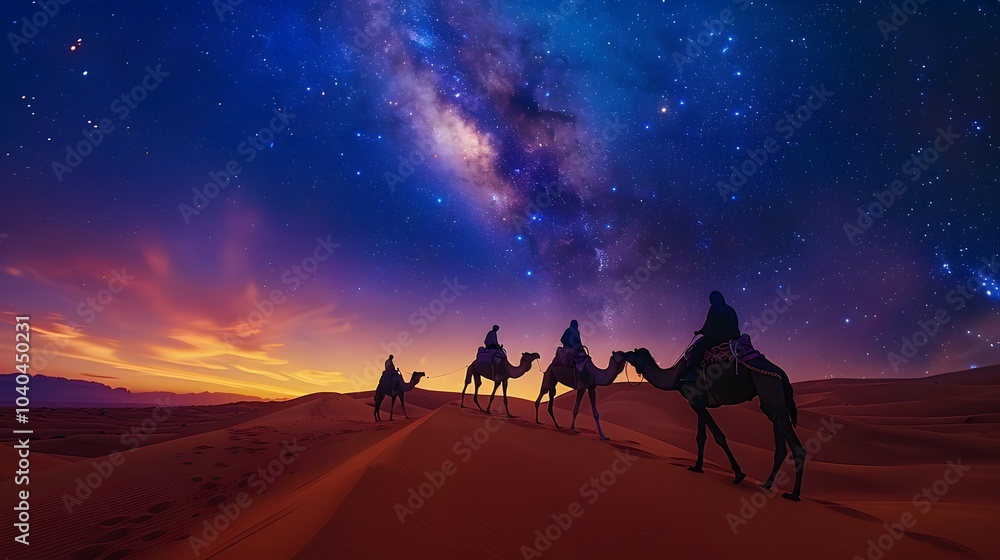 A cinematic shot of camels trekking through the desert under a brilliant starry sky, the dunes glowing softly under the starlight, long shadows cast by the moon, A cinematic shot of camels trekking through the desert under a brilliant starry sky, the dunes glowing softly under the starlight, long shadows cast by the moon,
