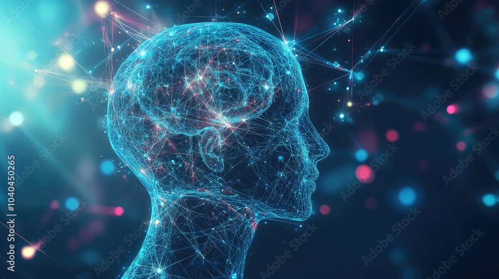 Abstract Human Head Profile with Neural Connections on Blue Background Abstract Human Head Profile with Neural Connections on Blue Background