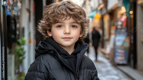 A young boy wearing a black coat and a black hoodie is standing on a sidewalk. He is smiling and looking at the camera