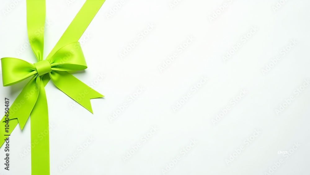 Vibrant neon green ribbon bow on white surface for playful designs Vibrant neon green ribbon bow on white surface for playful designs