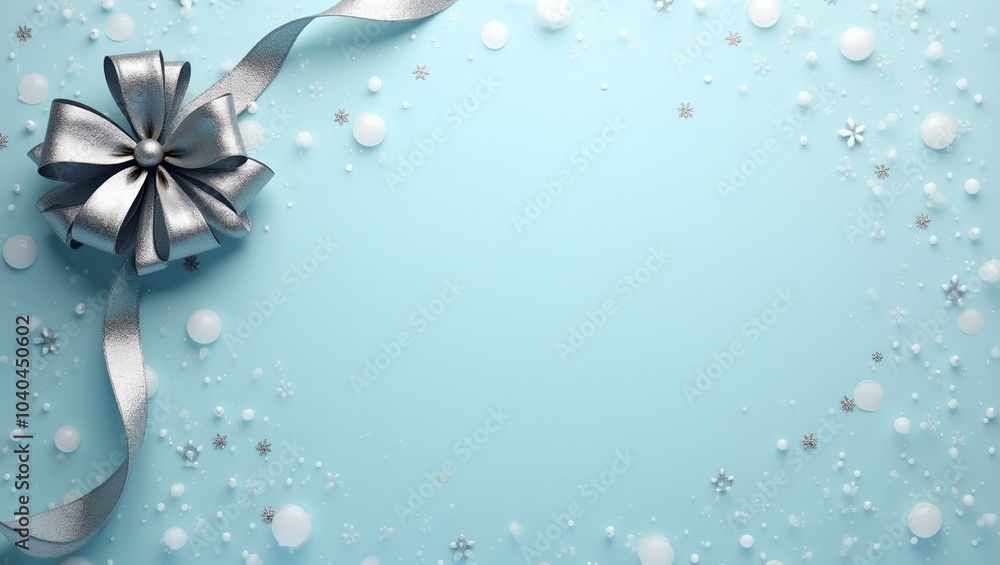 Festive silver ribbon and bow on blue background Festive silver ribbon and bow on blue background
