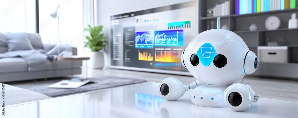 A cute robot sits in a modern living room, interacting with smart technology on a large screen, symbolizing future innovation. A cute robot sits in a modern living room, interacting with smart technology on a large screen, symbolizing future innovation.