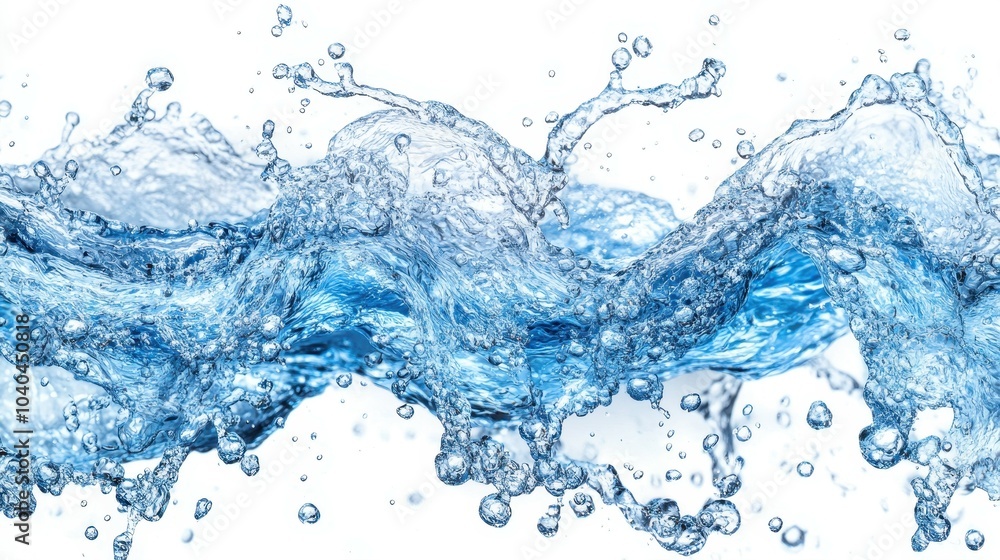 A large wave of water with many small droplets of water. The water is blue and the droplets are clear A large wave of water with many small droplets of water. The water is blue and the droplets are clear
