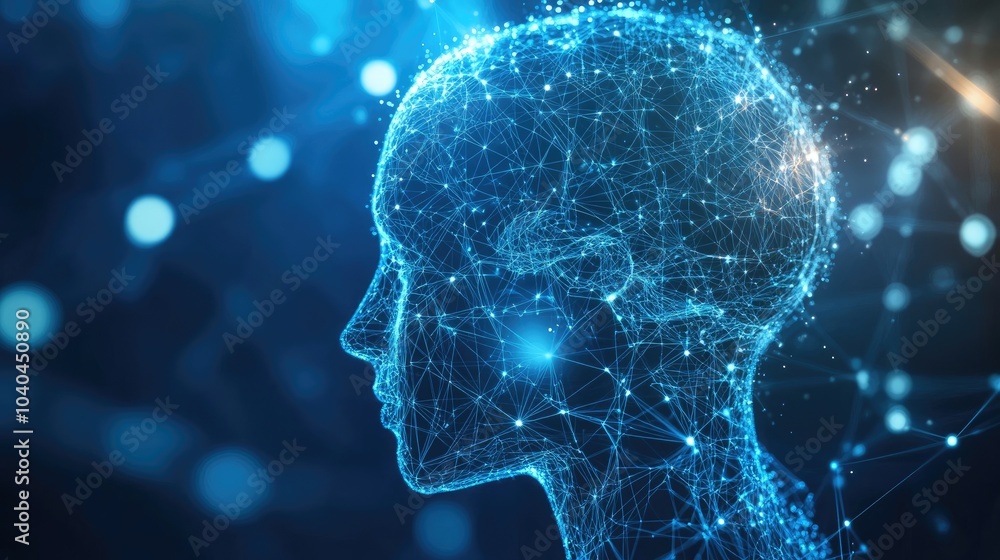 Abstract Human Head Profile with Neural Connections on Blue Background Abstract Human Head Profile with Neural Connections on Blue Background