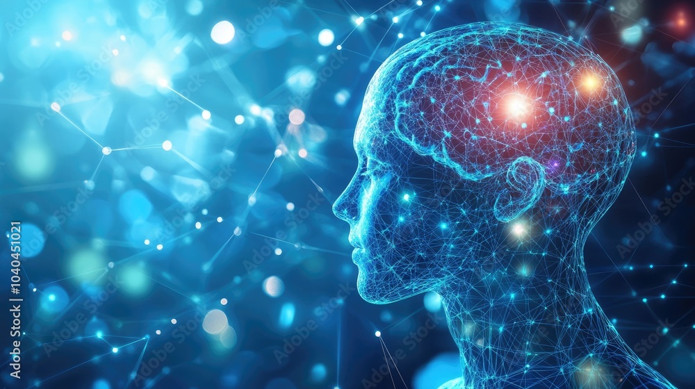 Abstract Human Head Profile with Neural Connections on Blue Background Abstract Human Head Profile with Neural Connections on Blue Background