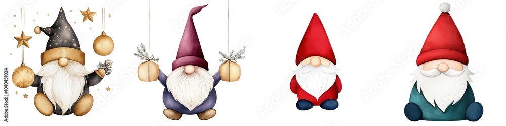 Four whimsical gnomes in festive attire, isolated on a white background. Four whimsical gnomes in festive attire, isolated on a white background.