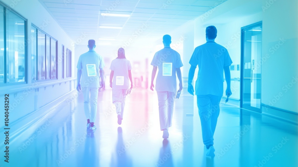 A diverse group of healthcare professionals walking down a hospital corridor, symbolizing teamwork and support in patient care. A diverse group of healthcare professionals walking down a hospital corridor, symbolizing teamwork and support in patient care.