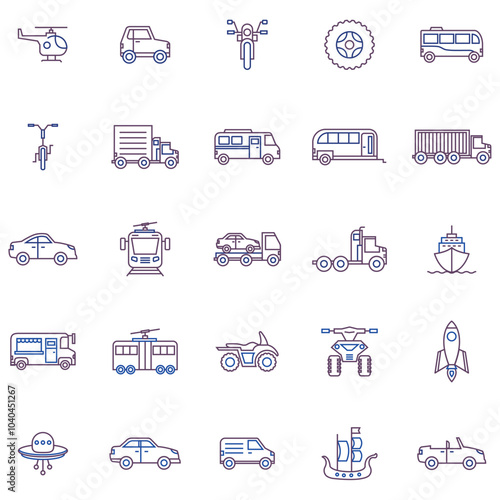 Set of vector icons of vehicles in lines with white background