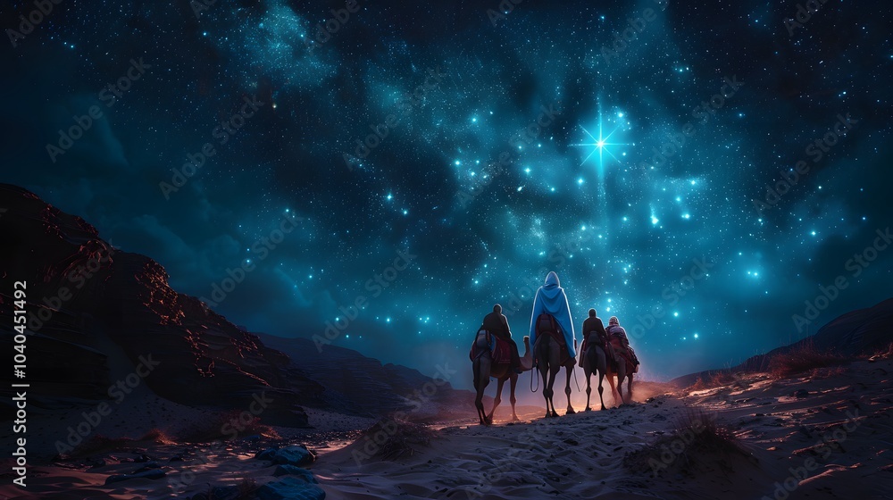 Fototapeta premium A majestic scene of astrologers in silhouette, riding camels through the desert under a glowing star, the night sky filled with stars,