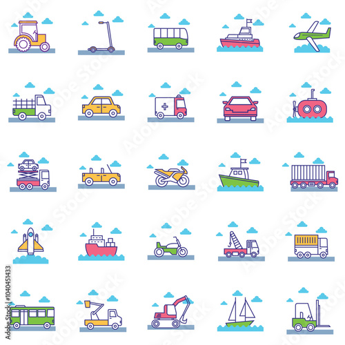 Set of vector icons of vehicles with white background and blue clouds