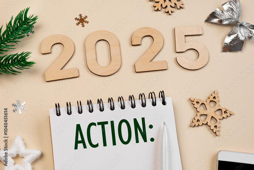 Obraz premium New Year Aims 2024. To Do List. Empty Notebook at the Desk with Holiday Decoration. Top view. Creating Plan, Resolution. New Life, Start Up, Beginning Concept. Business ideas. Goals, action, checklist