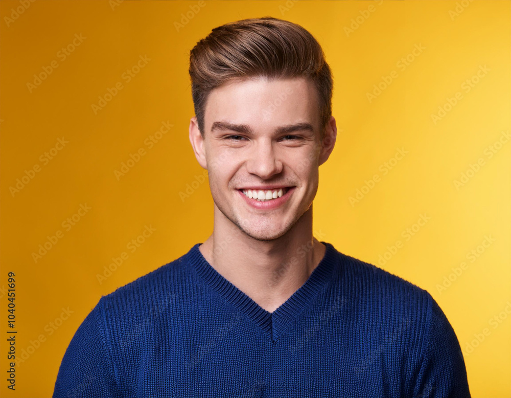 Portrait of Young Handsome Man Happily Smiling Against Yellow Studio Background Portrait of Young Handsome Man Happily Smiling Against Yellow Studio Background