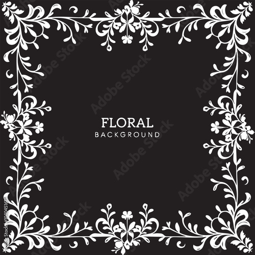 White Floral Border Vector with Swirling Vines on Black Background