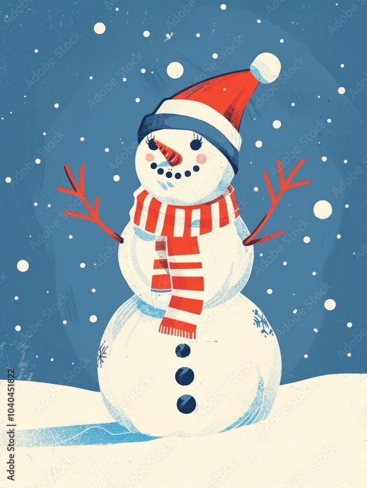 Fototapeta premium Christmas postcard. A snowman with a red hat and a blue scarf is smiling on blue background. Winter scene with a snowman wearing a hat and scarf