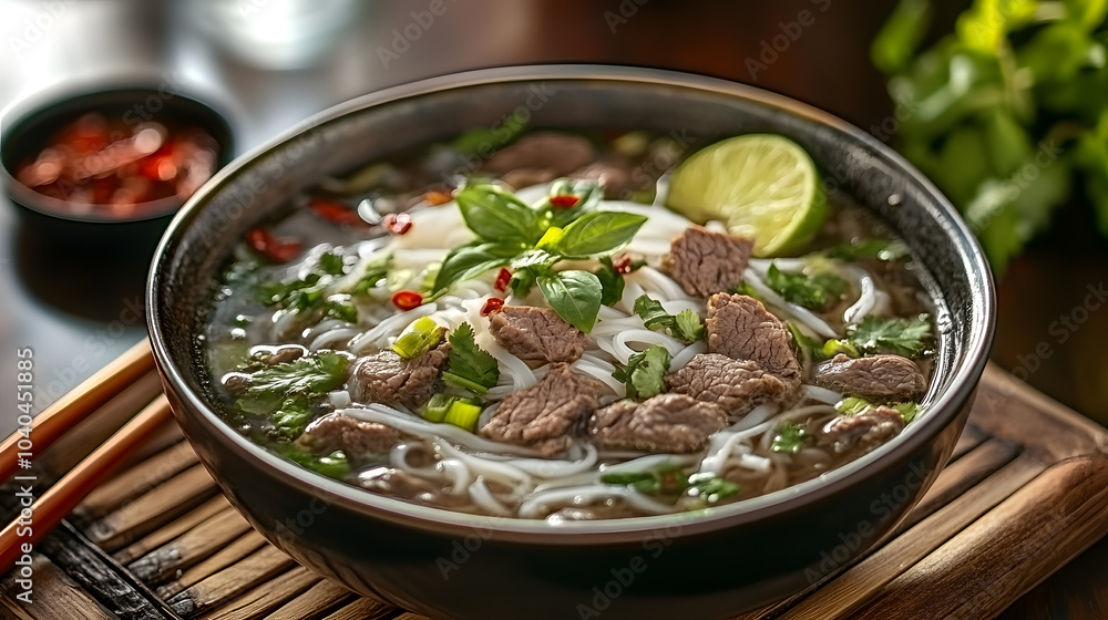 A photo of Vietnamese pho, with beef, rice noodles, and fresh herbs, served with lime and chili, shot with a telephoto lens A photo of Vietnamese pho, with beef, rice noodles, and fresh herbs, served with lime and chili, shot with a telephoto lens