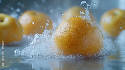 A close up of a yellow orange with water splashing around it. The orange is surrounded by other oranges, some of which are also splashing. Scene is playful and lighthearted