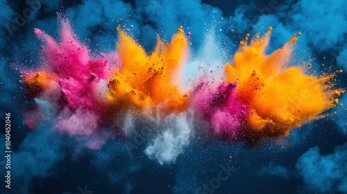 A colorful explosion of powdery dust is in the air, with a blue sky in the background