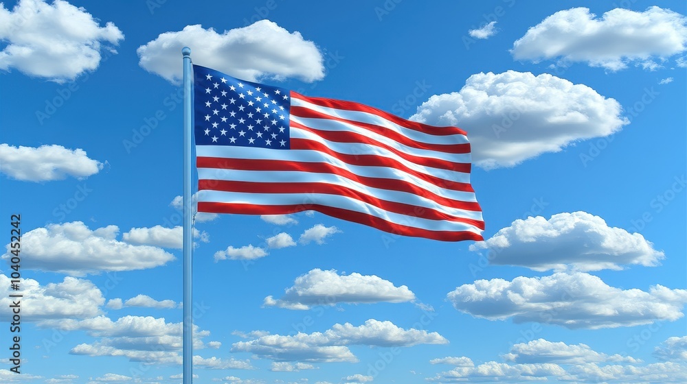 A large American flag is flying in the sky. The sky is mostly blue with some clouds scattered throughout. The flag is waving in the wind, giving the image a sense of freedom and patriotism A large American flag is flying in the sky. The sky is mostly blue with some clouds scattered throughout. The flag is waving in the wind, giving the image a sense of freedom and patriotism
