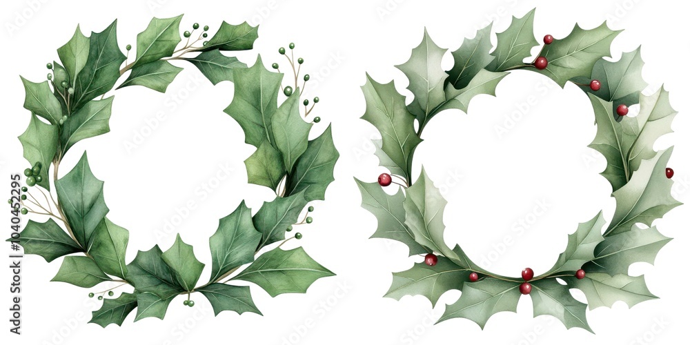 Fototapeta premium Two decorative holly wreaths on a white isolate background.